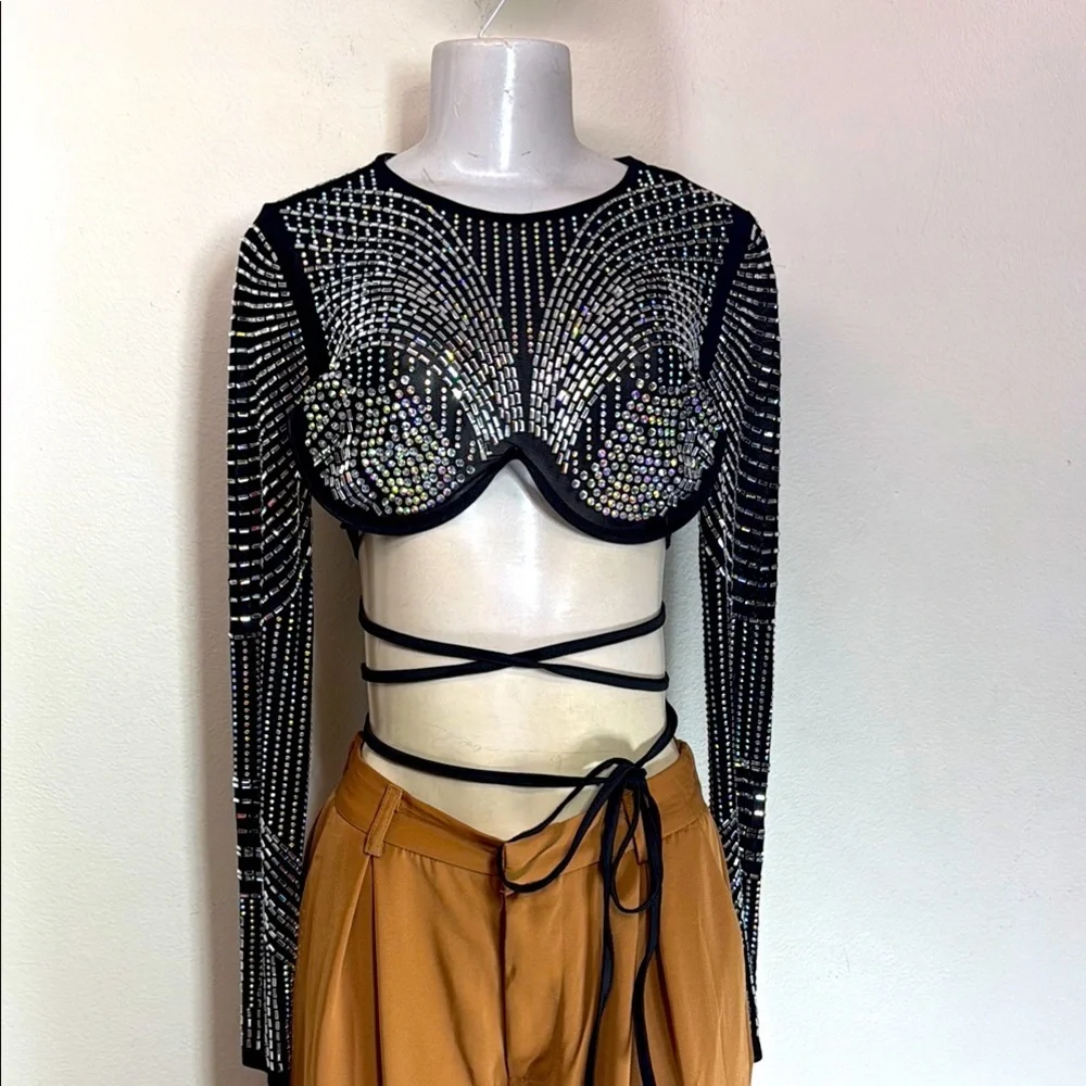 (A3)BAJUL Sheer Crop Top with Rhinestones and Trim, Size M - Picture 2 of 10